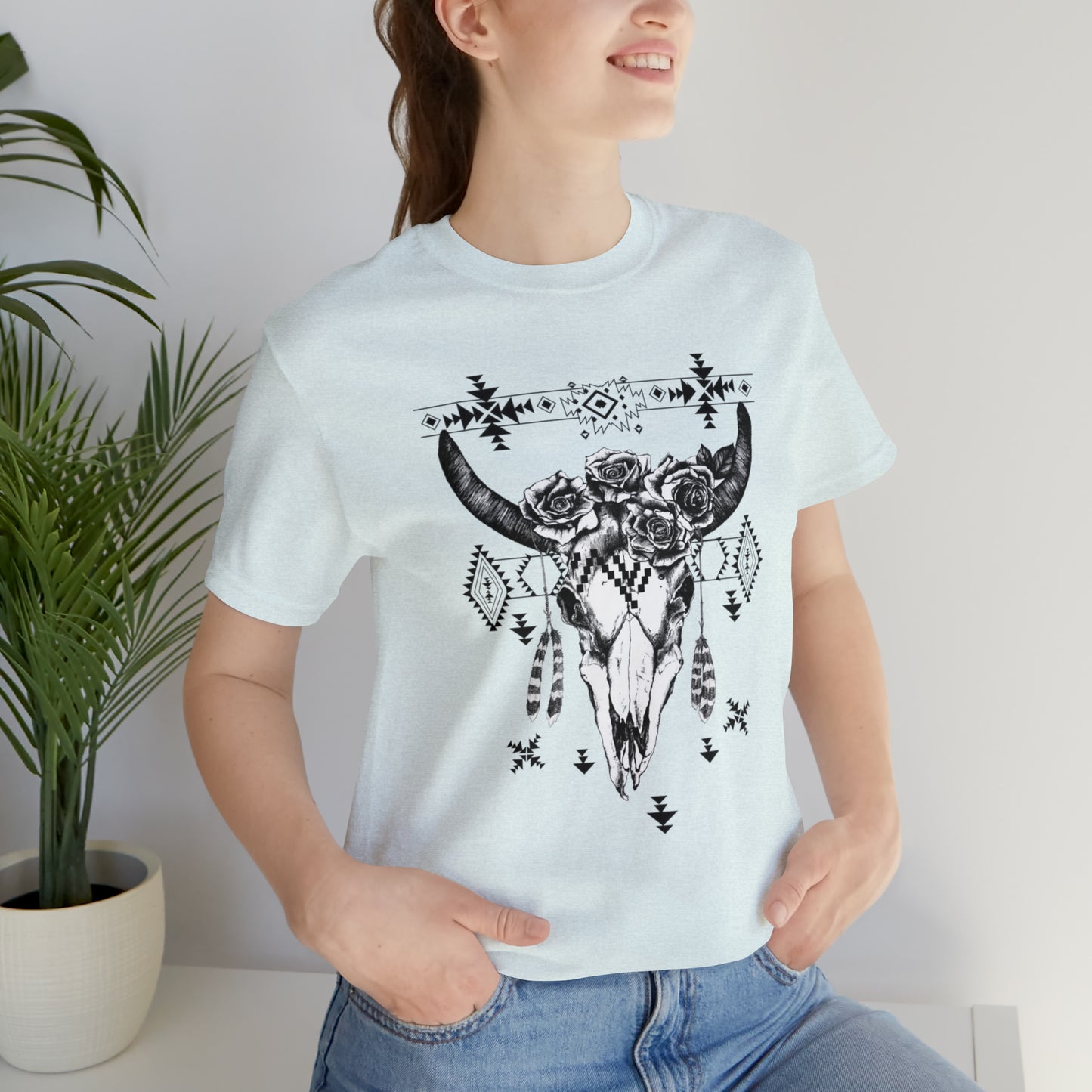 Cow Skull with Roses Unisex Jersey Short Sleeve Graphic Tees