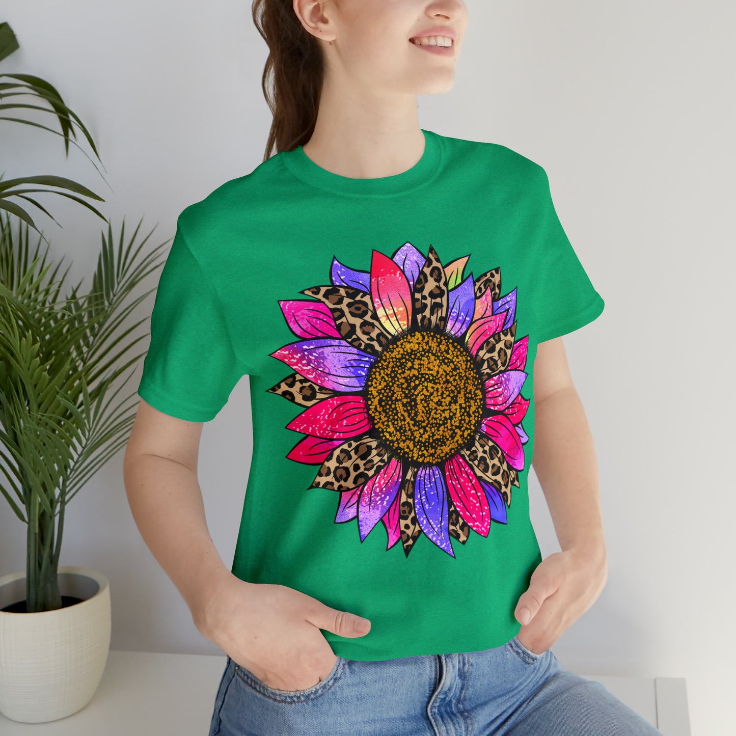 Pink/Purple Cheetah Sunflower Unisex Jersey Short Sleeve Graphic Tees