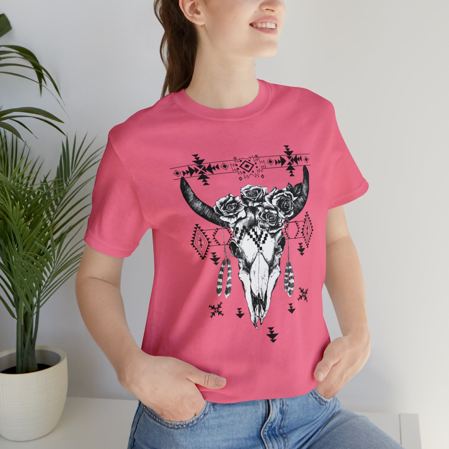 Cow Skull with Roses Unisex Jersey Short Sleeve Graphic Tees