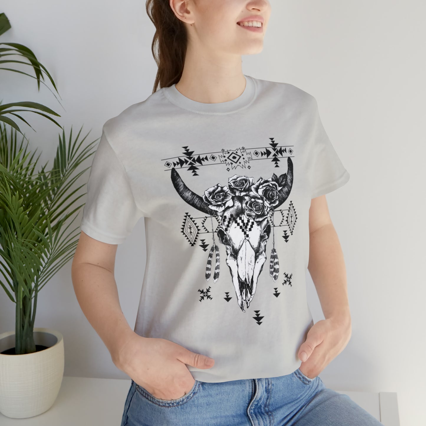 Cow Skull with Roses Unisex Jersey Short Sleeve Graphic Tees