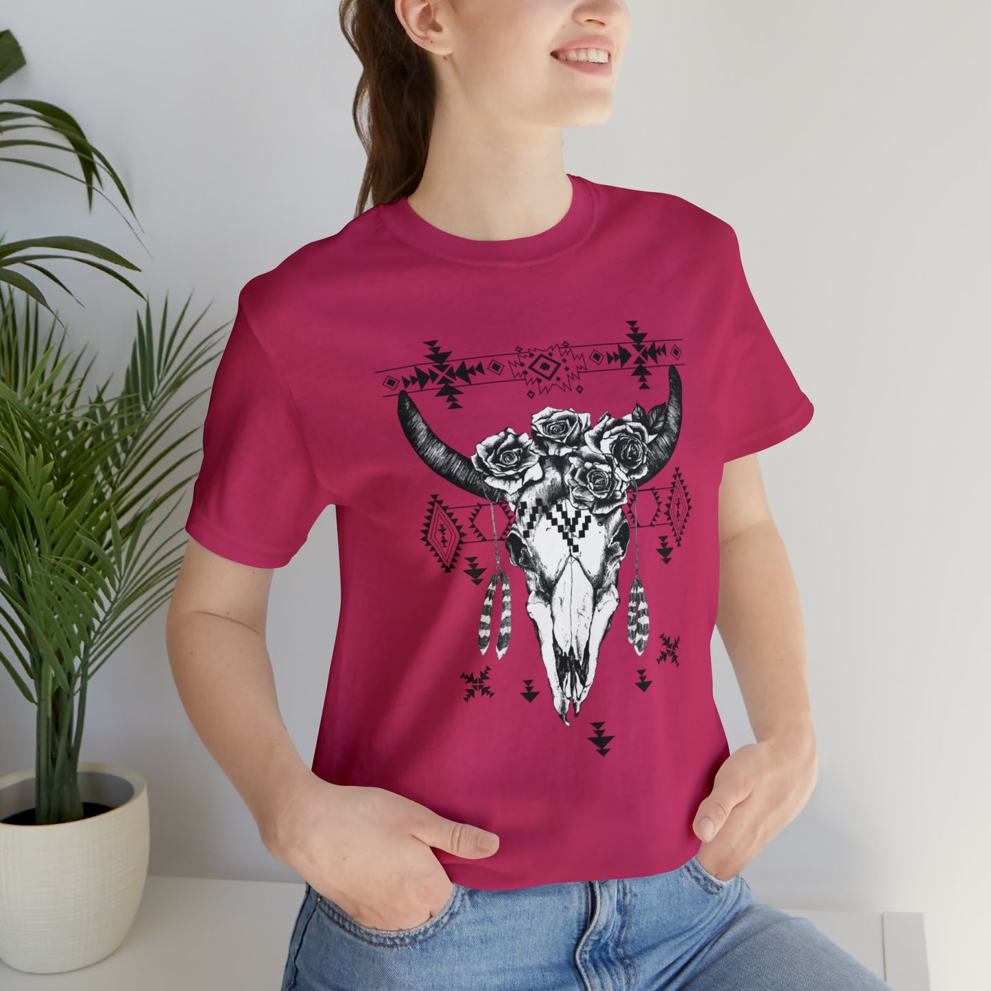 Cow Skull with Roses Unisex Jersey Short Sleeve Graphic Tees