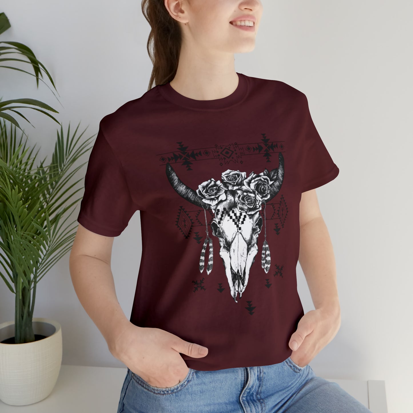 Cow Skull with Roses Unisex Jersey Short Sleeve Graphic Tees