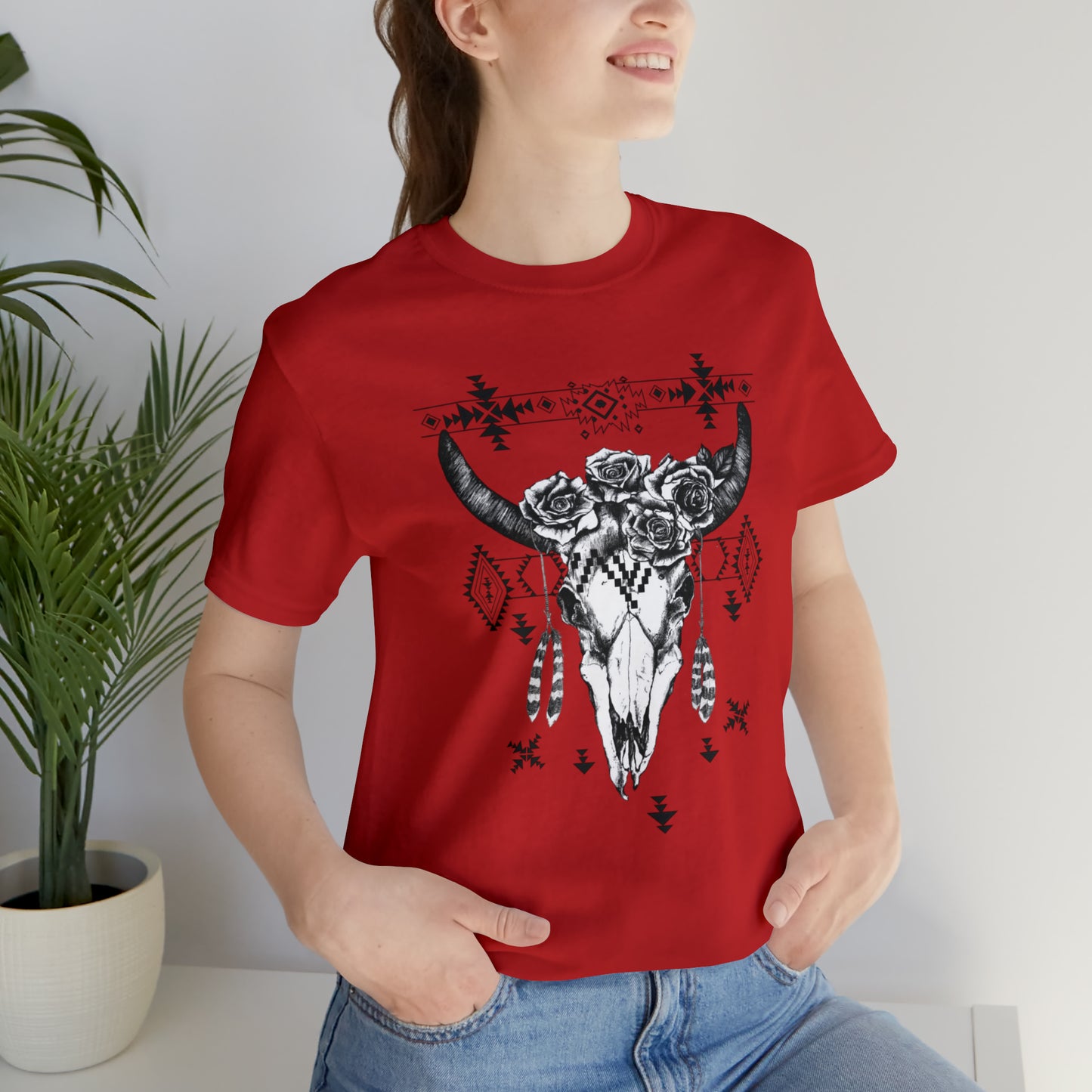 Cow Skull with Roses Unisex Jersey Short Sleeve Graphic Tees