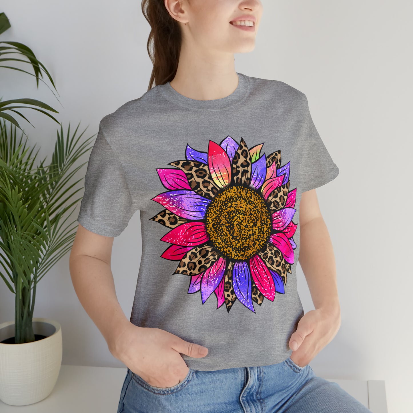 Pink/Purple Cheetah Sunflower Unisex Jersey Short Sleeve Graphic Tees