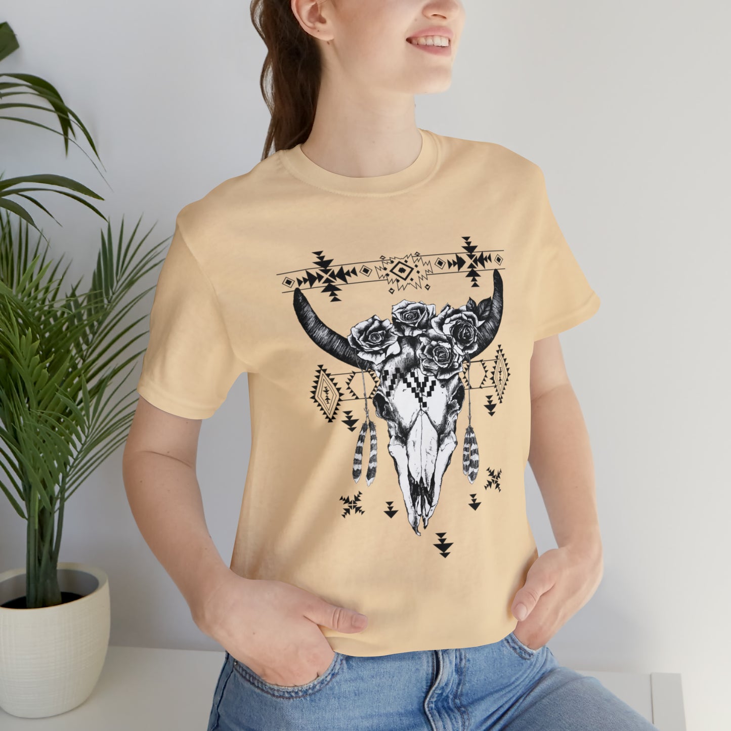 Cow Skull with Roses Unisex Jersey Short Sleeve Graphic Tees