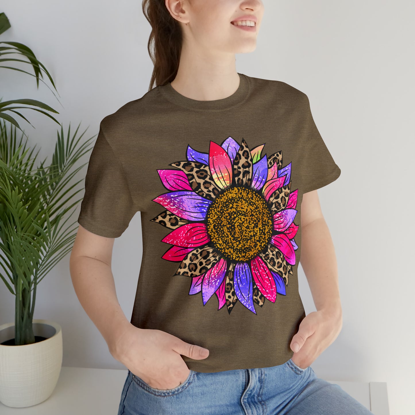 Pink/Purple Cheetah Sunflower Unisex Jersey Short Sleeve Graphic Tees