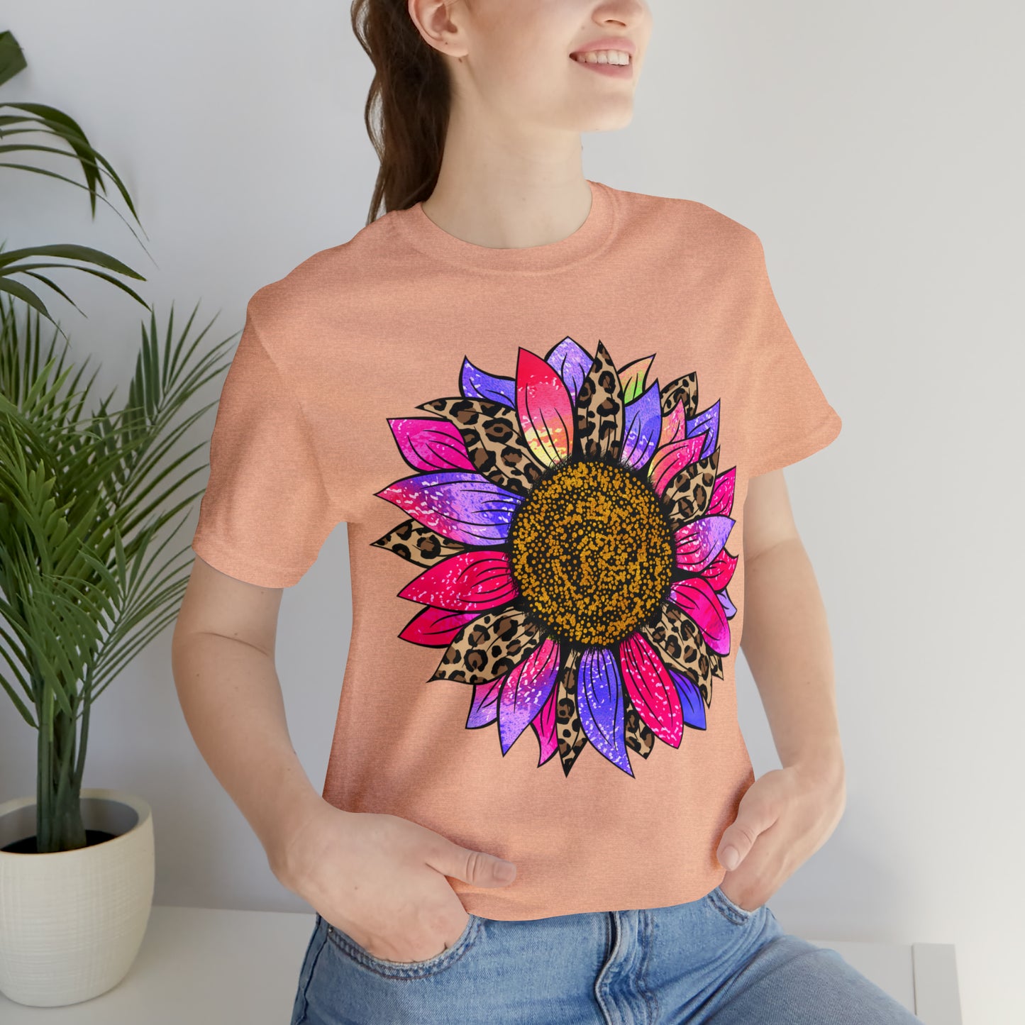 Pink/Purple Cheetah Sunflower Unisex Jersey Short Sleeve Graphic Tees