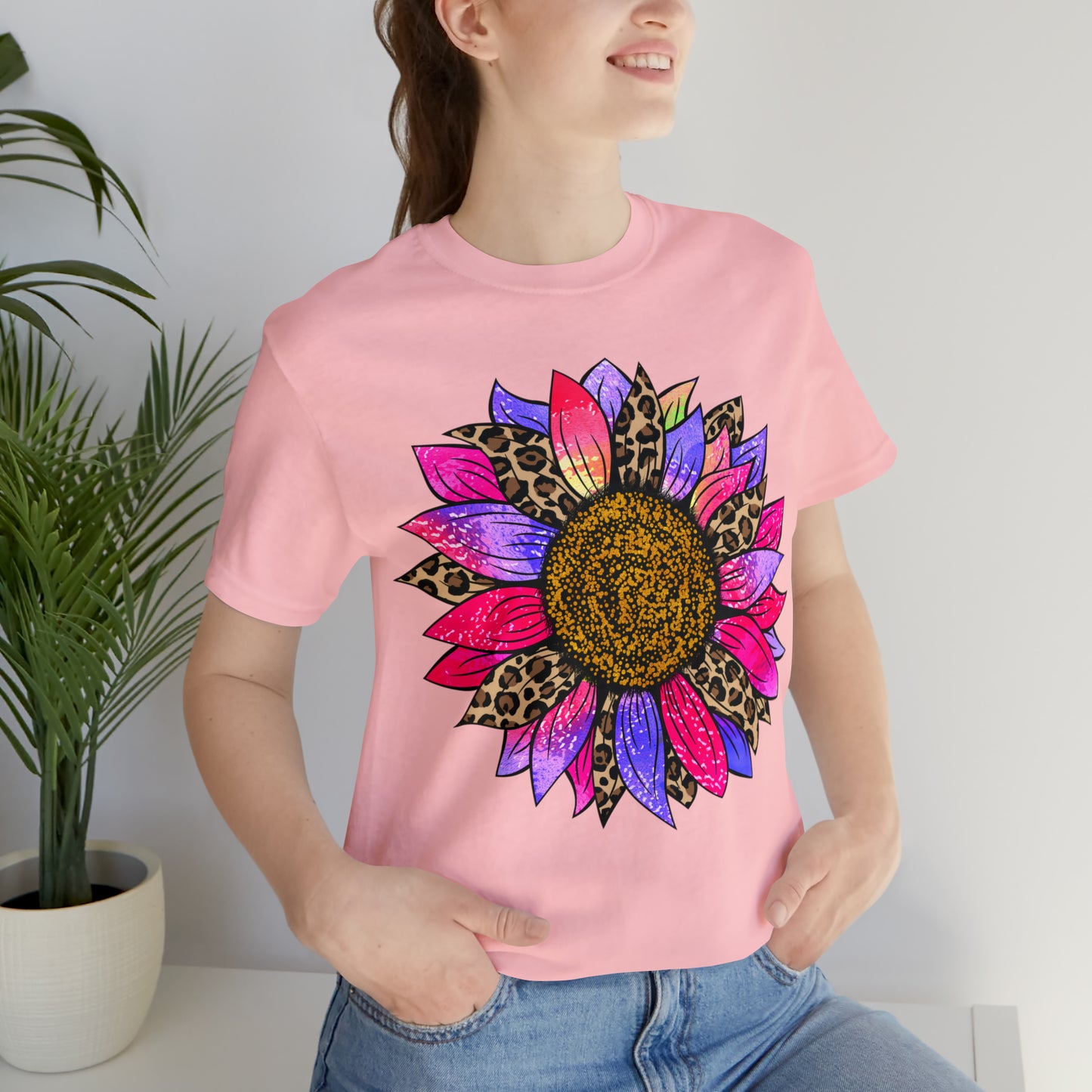 Pink/Purple Cheetah Sunflower Unisex Jersey Short Sleeve Graphic Tees