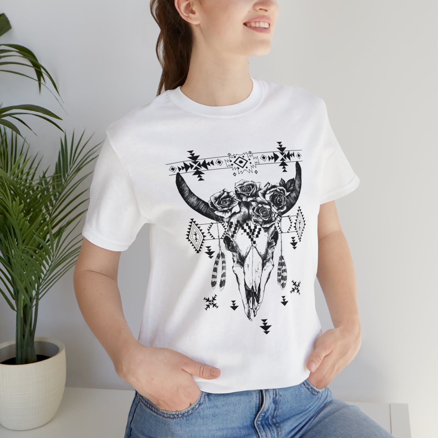 Cow Skull with Roses Unisex Jersey Short Sleeve Graphic Tees