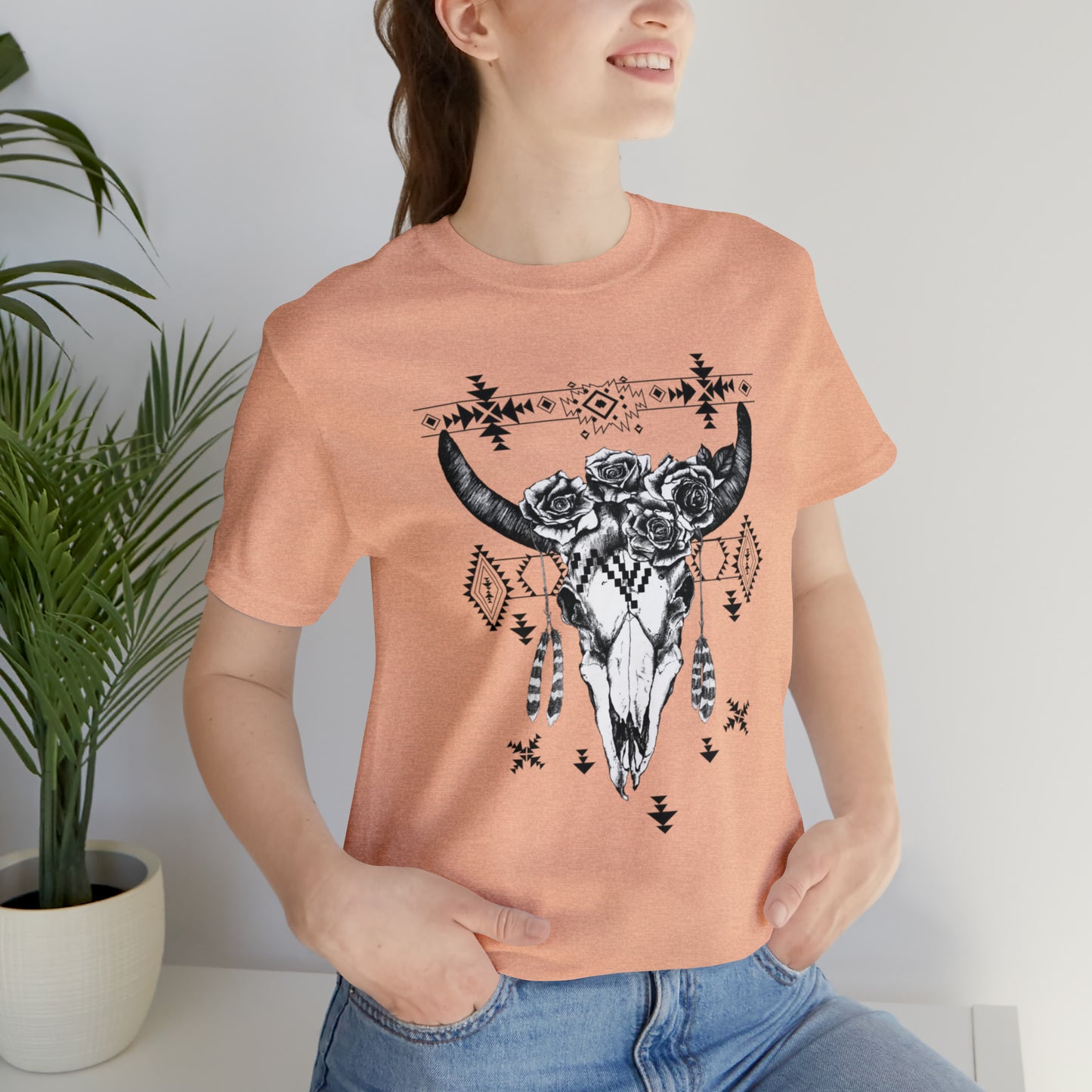 Cow Skull with Roses Unisex Jersey Short Sleeve Graphic Tees