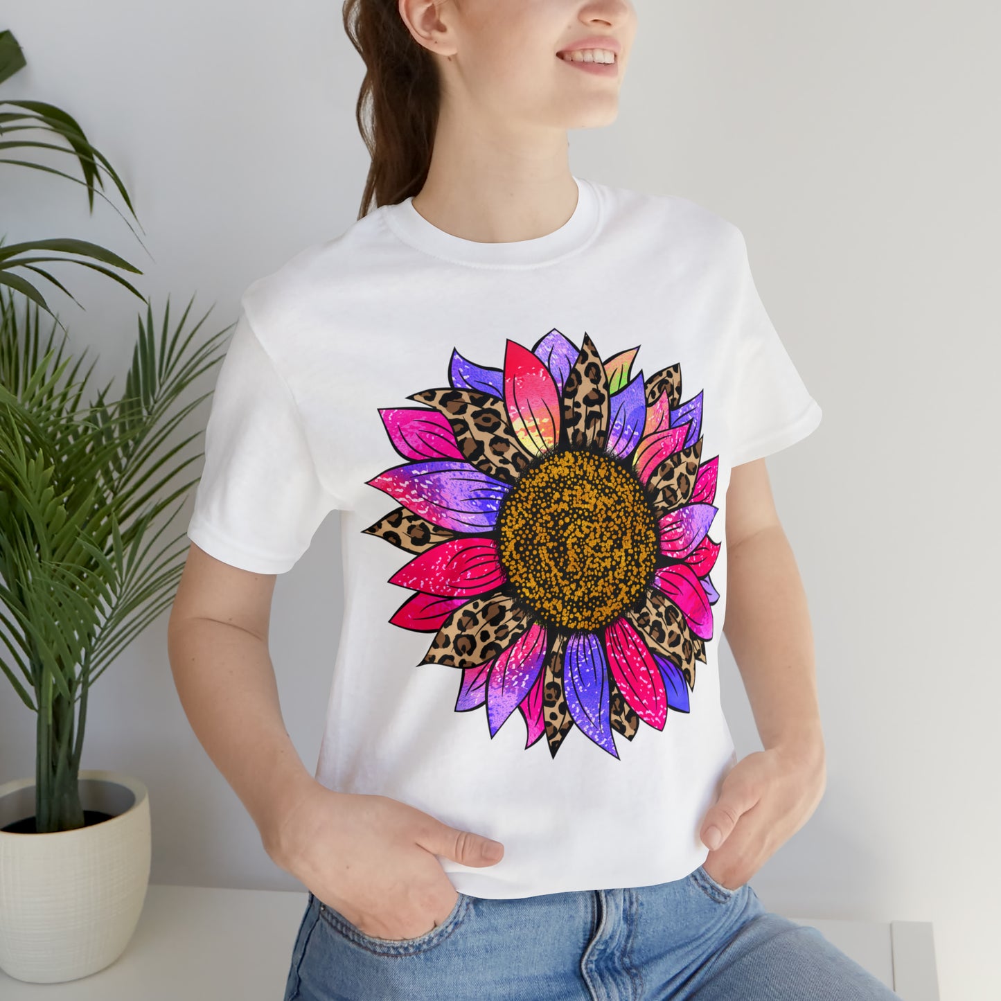 Pink/Purple Cheetah Sunflower Unisex Jersey Short Sleeve Graphic Tees