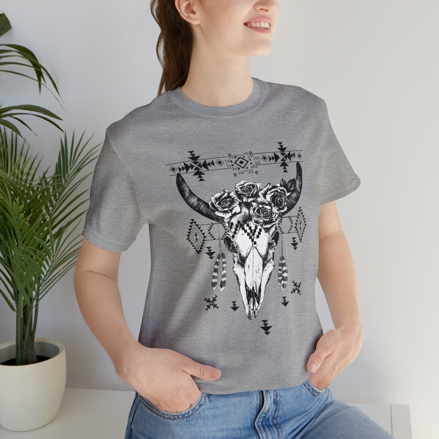 Cow Skull with Roses Unisex Jersey Short Sleeve Graphic Tees