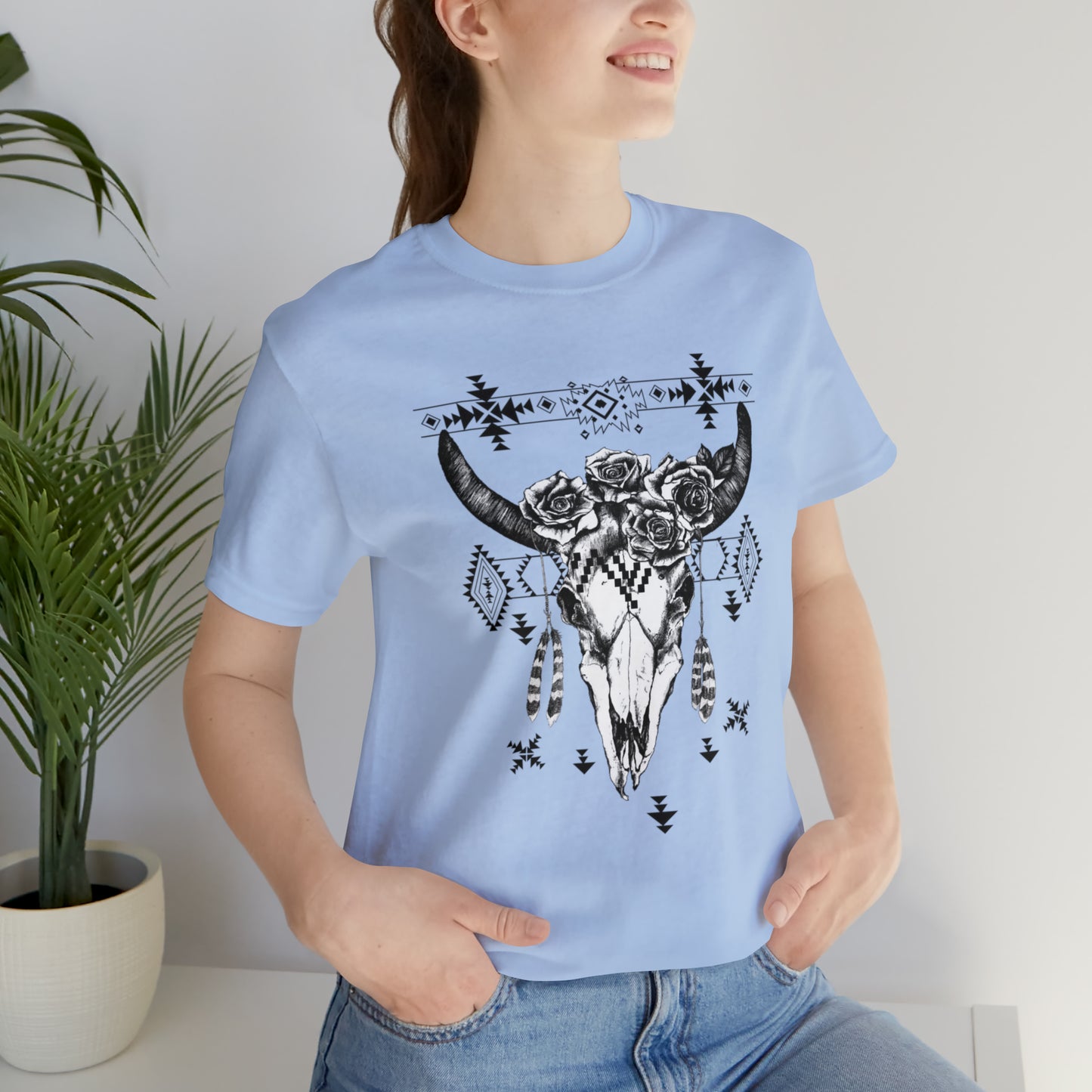 Cow Skull with Roses Unisex Jersey Short Sleeve Graphic Tees