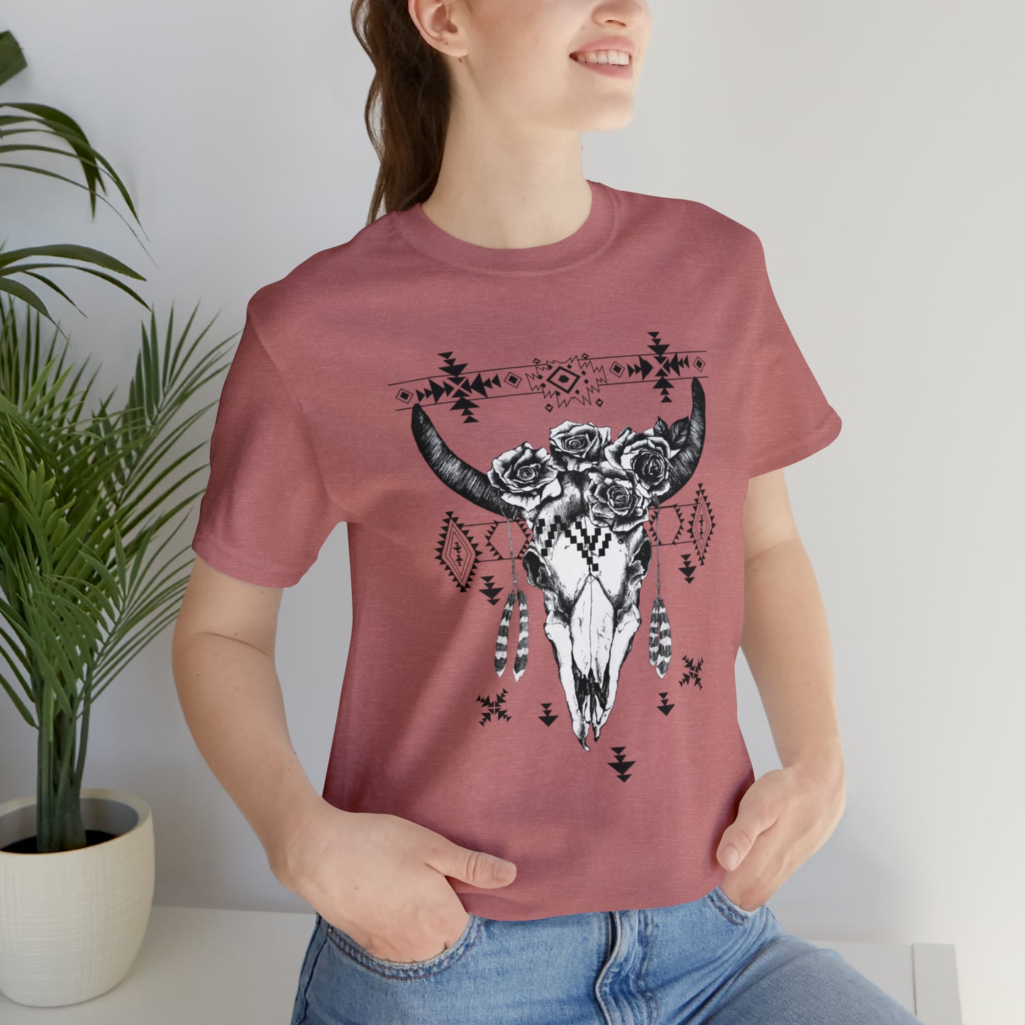 Cow Skull with Roses Unisex Jersey Short Sleeve Graphic Tees