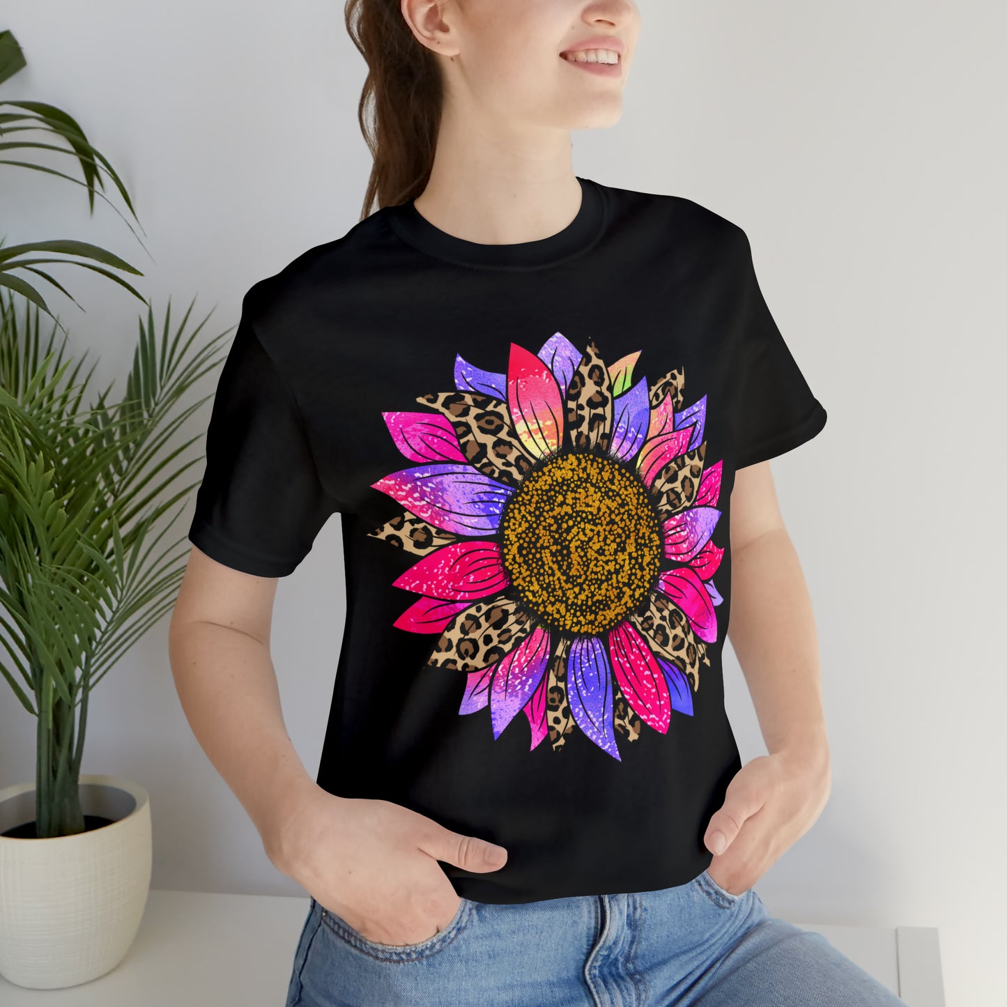 Pink/Purple Cheetah Sunflower Unisex Jersey Short Sleeve Graphic Tees