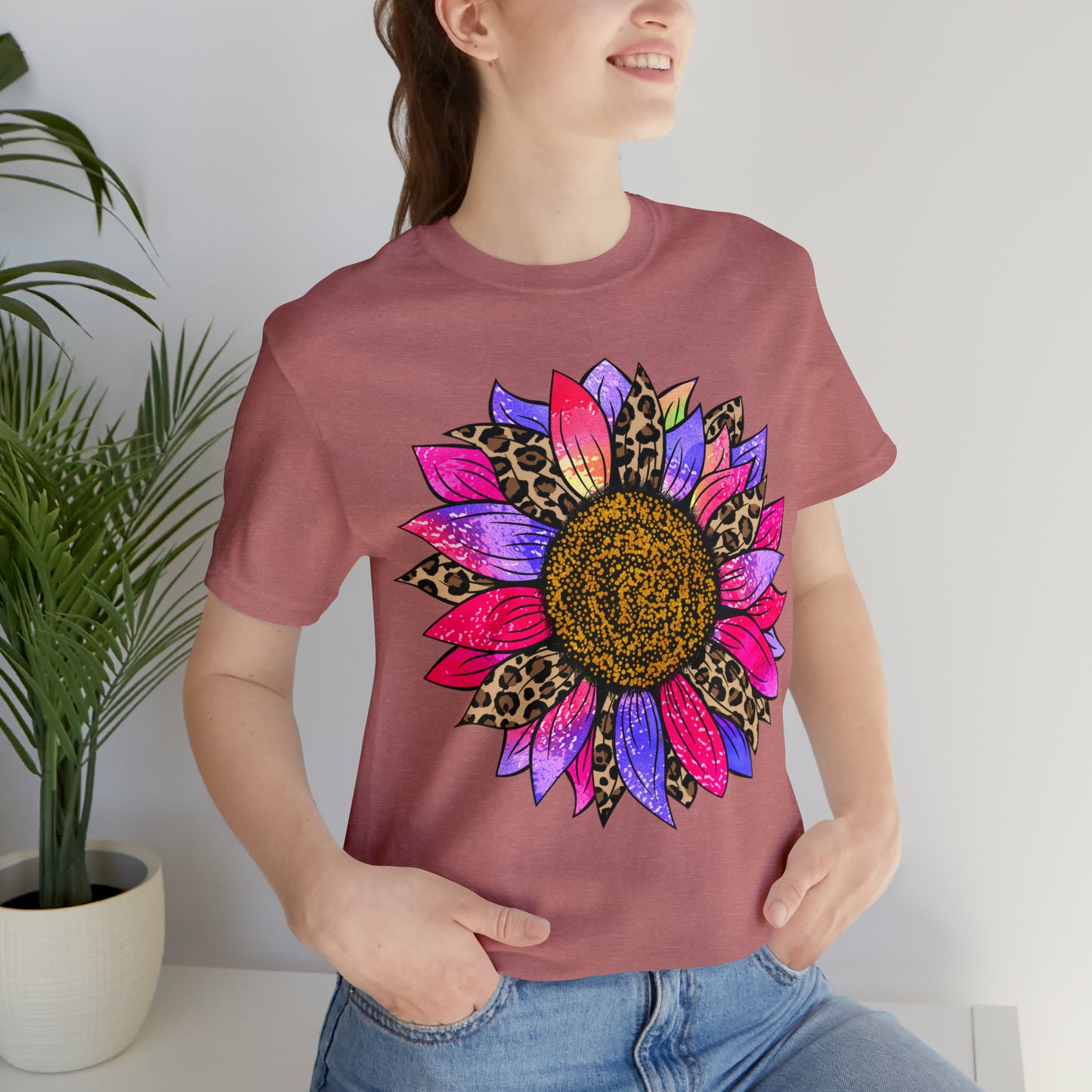 Pink/Purple Cheetah Sunflower Unisex Jersey Short Sleeve Graphic Tees