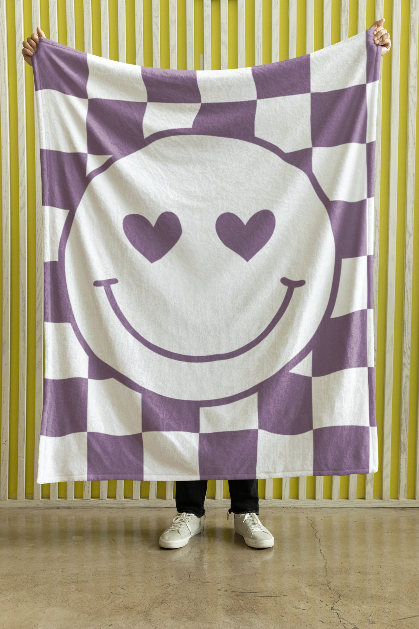 Purple Checkered Smiley Face Velveteen Plush Blanket